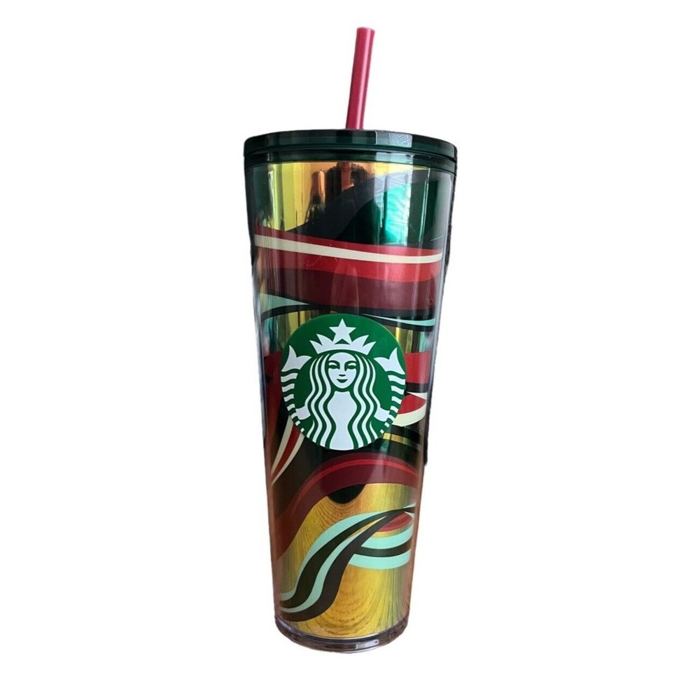 Starbucks 2021 Christmas Holiday Swirl 24 Oz. Tumbler Red Green Gold Wav…